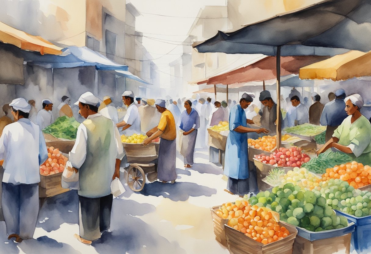A bustling market with signs of high demand and growth, showcasing various job sectors