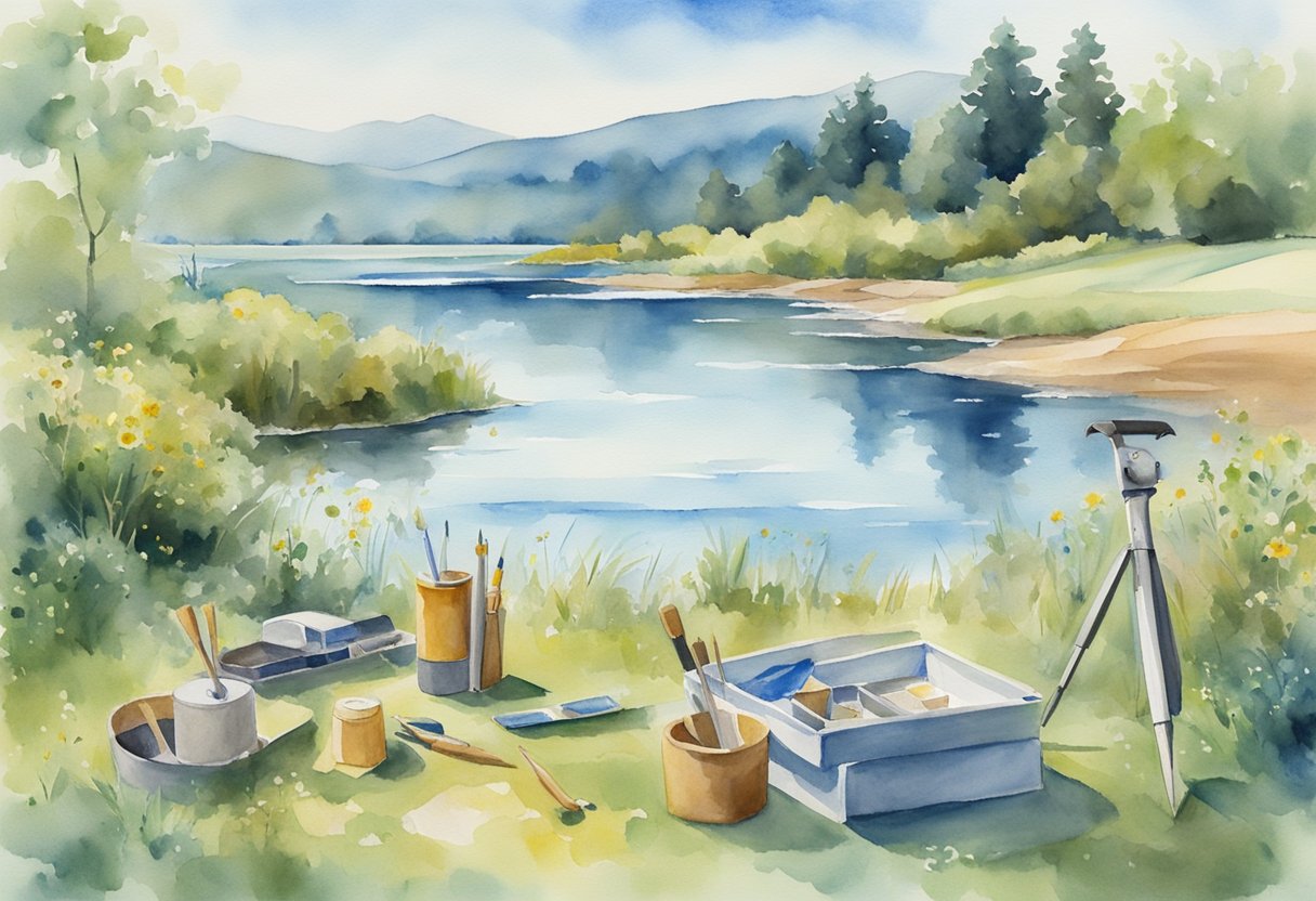 A serene landscape with a clear blue sky, a calm body of water, and a peaceful meadow with various professional tools scattered around, symbolizing different professions and their safety ratings