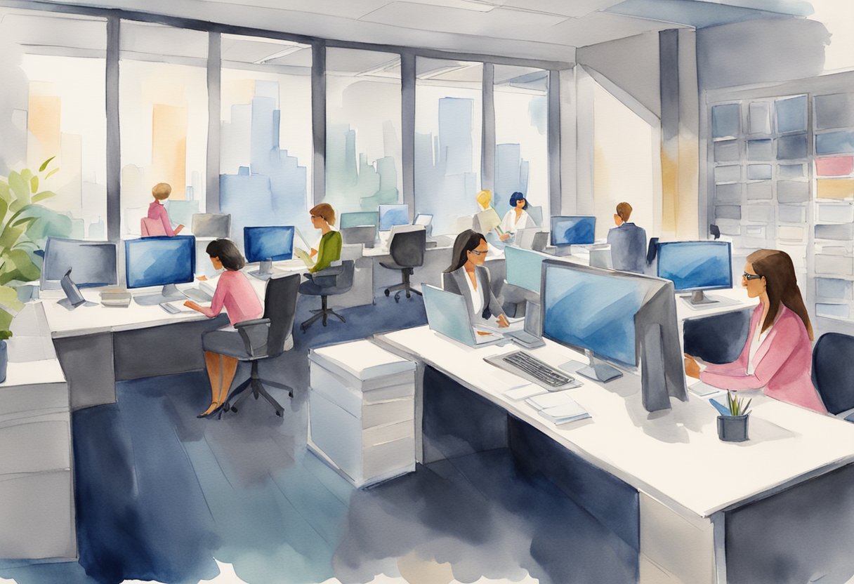 A group of women in professional attire, working in a modern office setting with computers and paperwork. The atmosphere is focused and determined