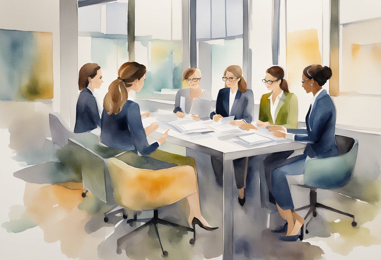 A group of women in professional attire discussing and collaborating in a modern office setting, with diplomas and certificates displayed on the walls