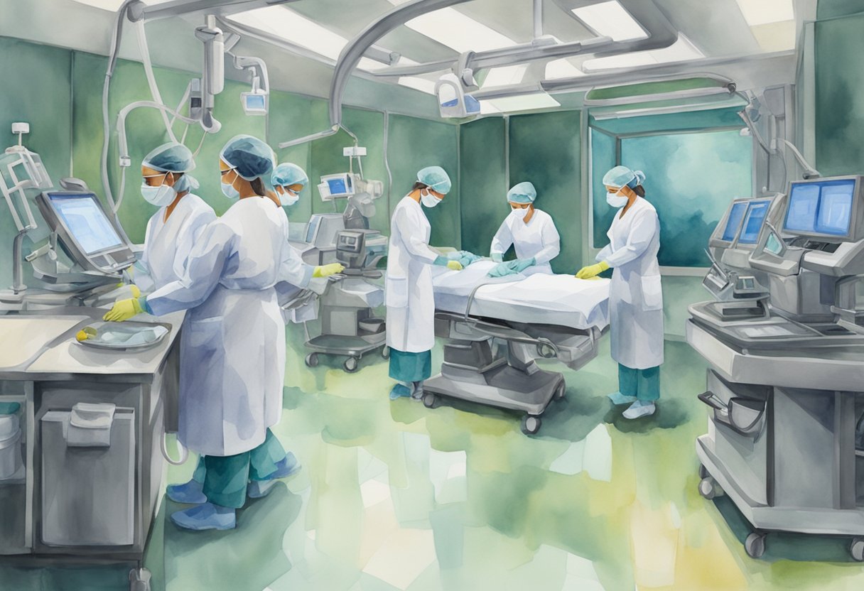 A group of female surgeons in a modern operating room, performing a complex surgery with advanced medical equipment
