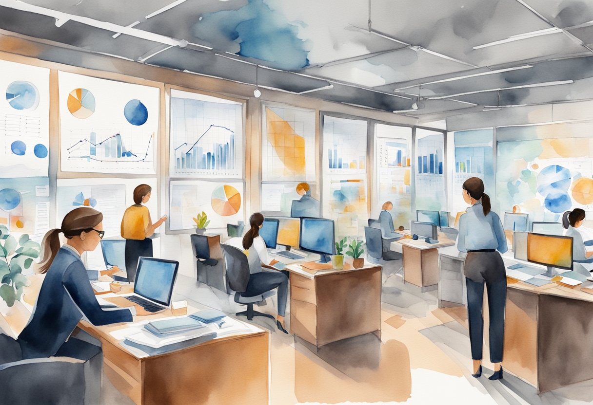 A bustling office with female professionals in high-paying roles, surrounded by charts and graphs showing job growth and market demand