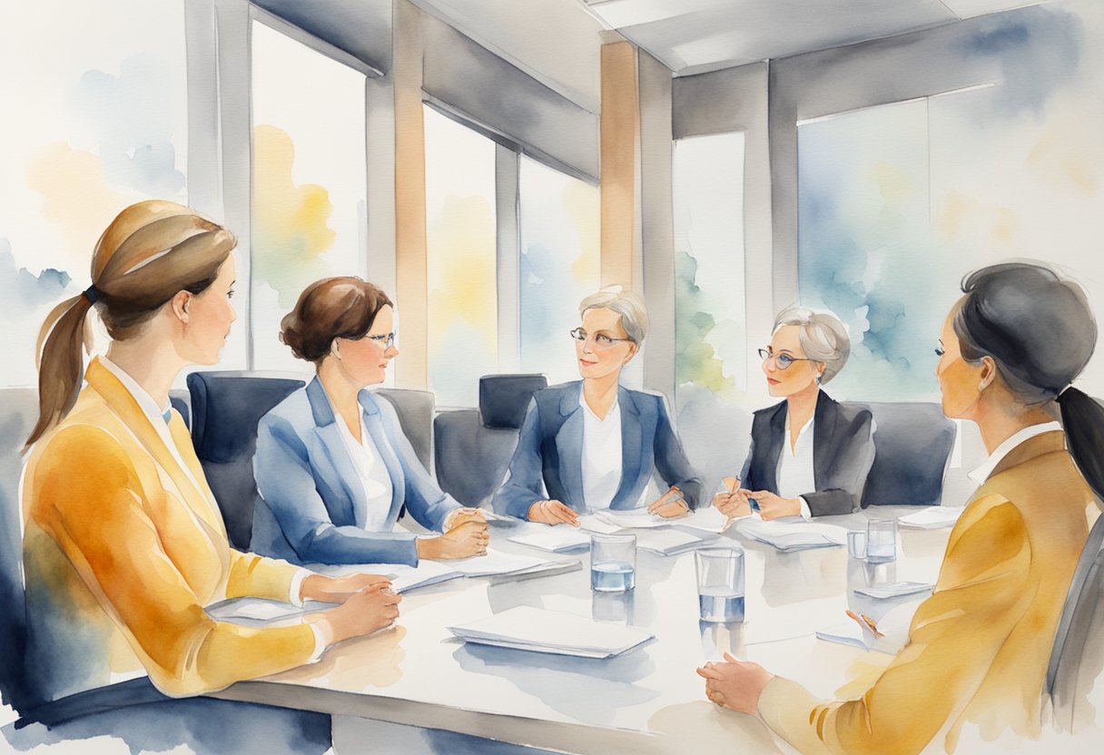 A boardroom with women in leadership roles discussing business strategy