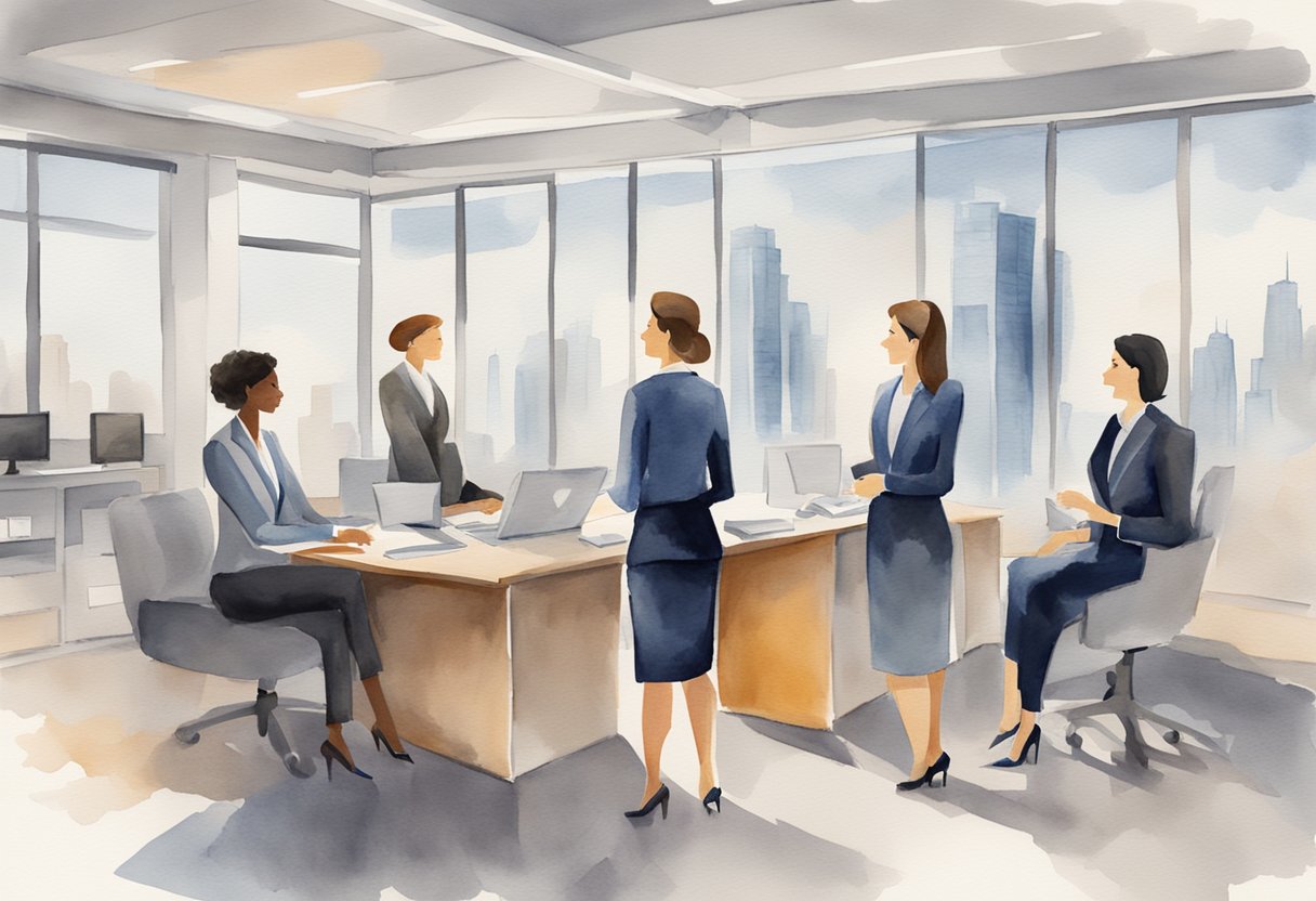 A group of women in professional attire discussing job salaries, with a prominent sign displaying "Highest Paying Female Dominated Jobs" in a modern office setting
