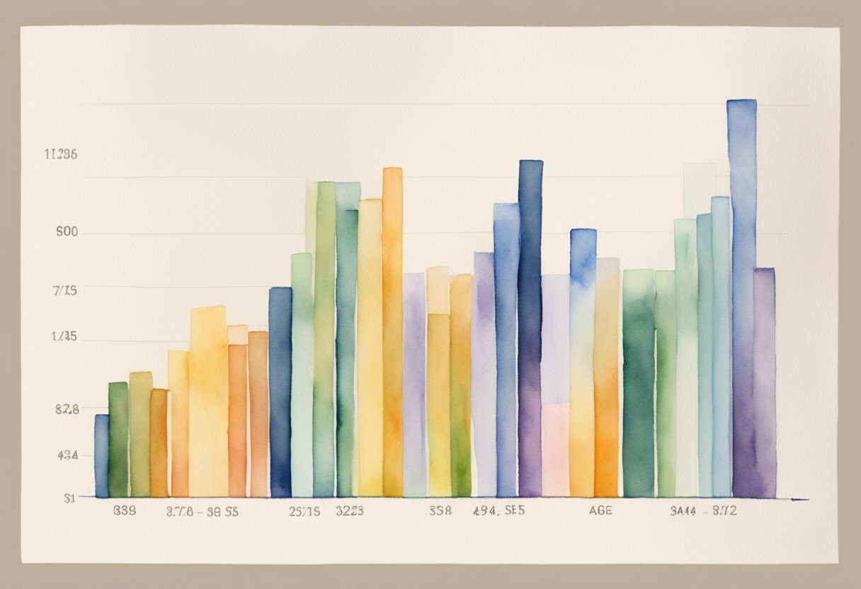 A bar graph showing income levels by age, with the highest peak in the middle-age range