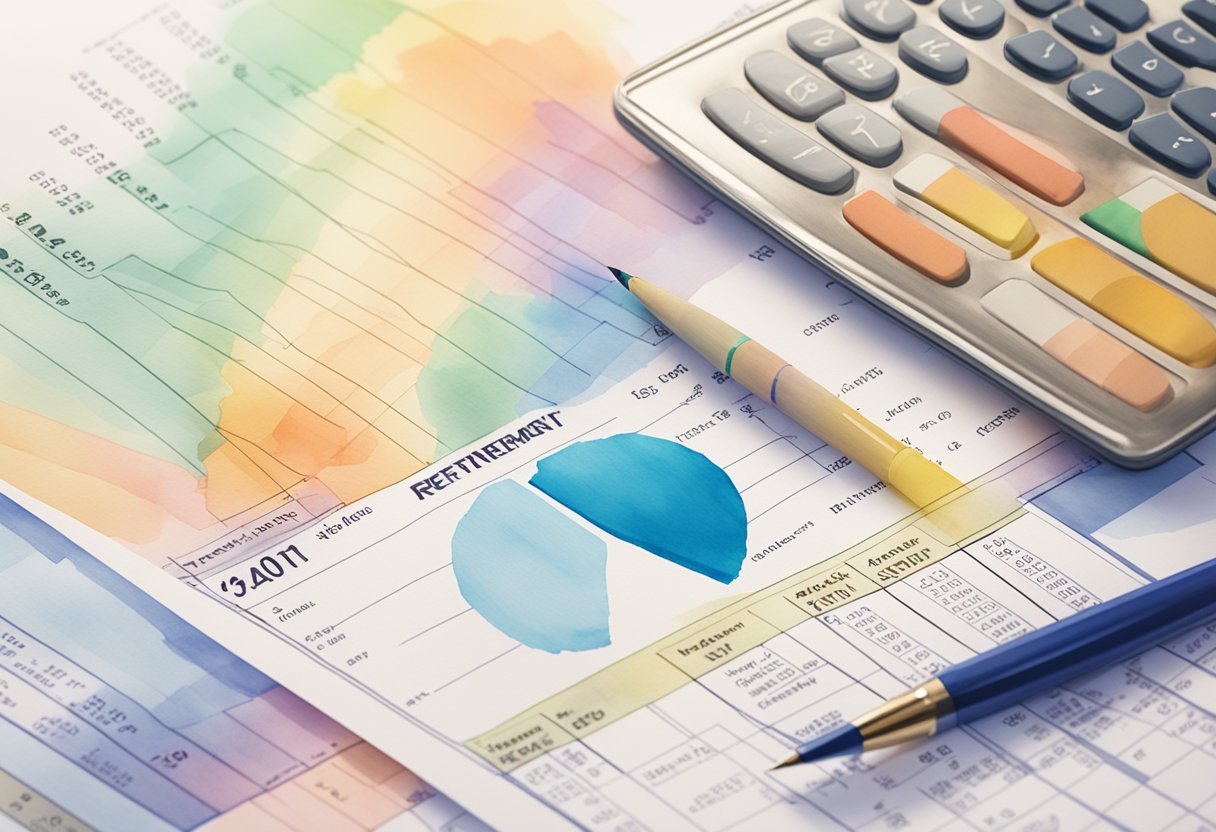 A stack of financial documents with charts and graphs, alongside a calculator and retirement account statements