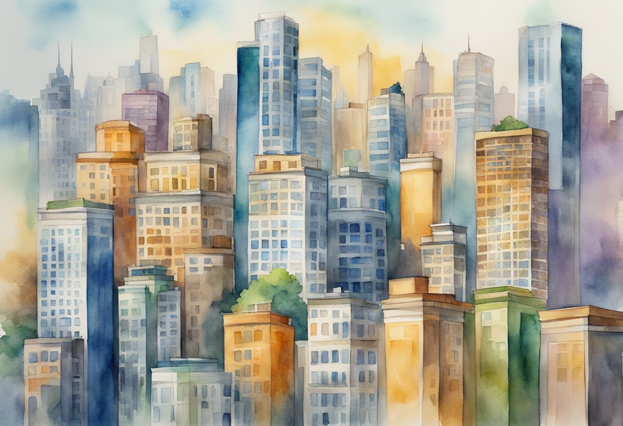 A bustling city skyline with various types of real estate properties, such as apartment buildings, office towers, and residential homes, surrounded by a vibrant and diverse community