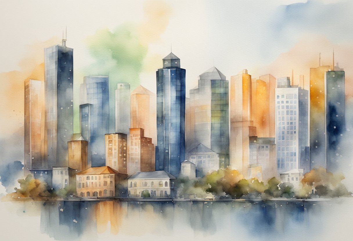 A city skyline with various types of real estate properties, such as residential buildings, commercial spaces, and industrial warehouses, surrounded by financial charts and graphs
