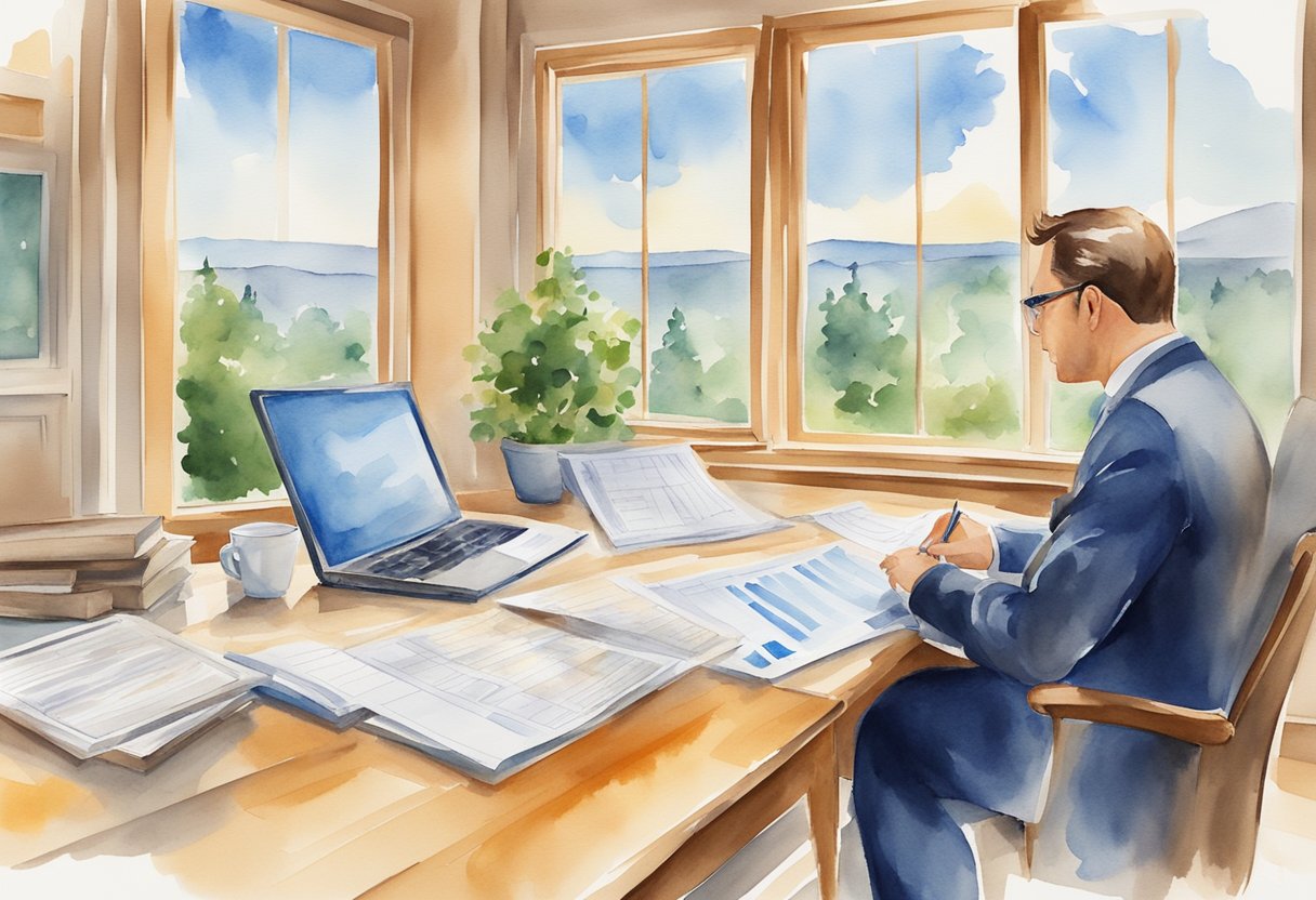A real estate agent reviews property data and financial reports, while considering potential risks and investment opportunities in the USA market