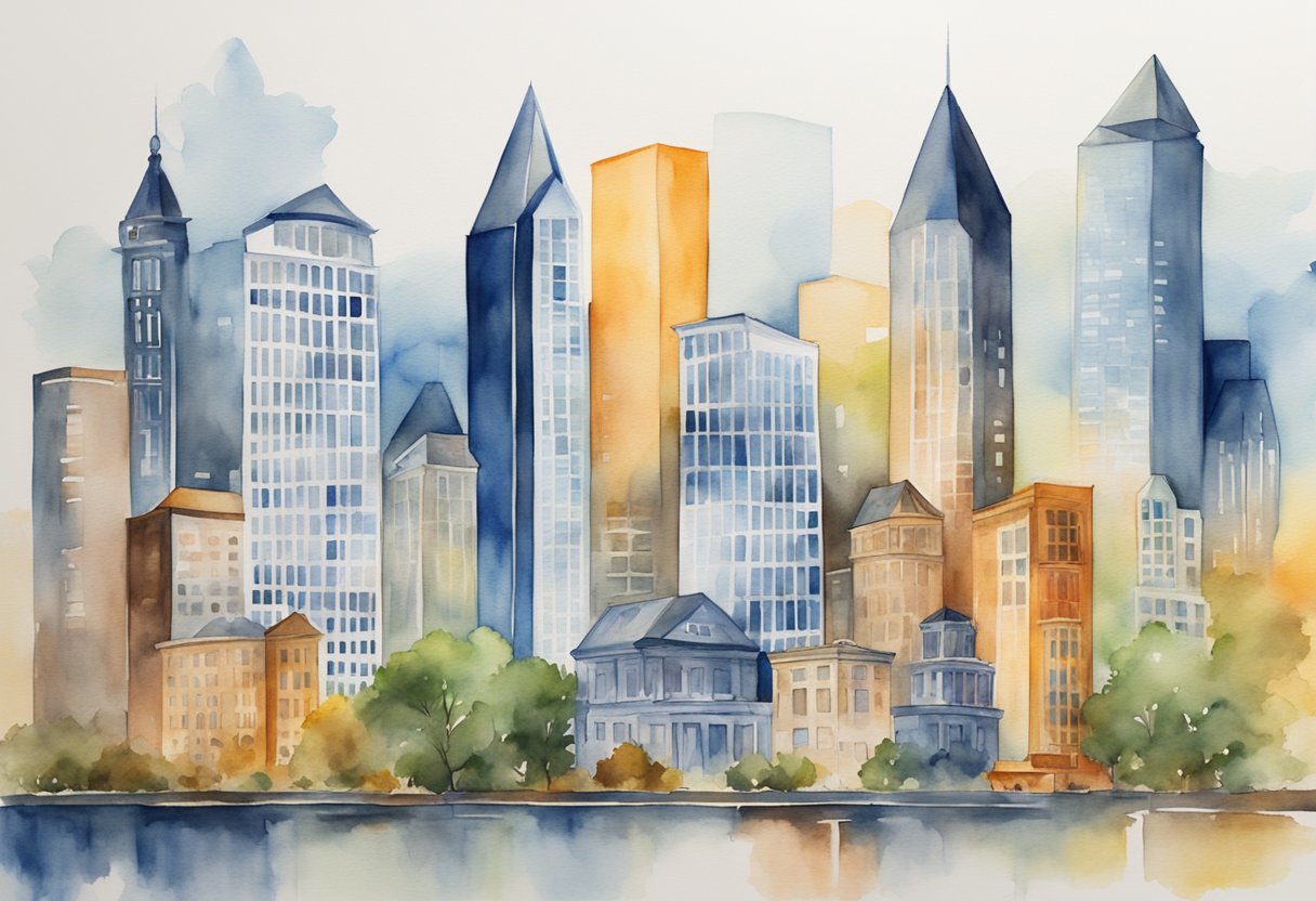 Different entities collaborate in real estate investing: banks, investors, and developers. USA's skyline, properties, and financial symbols represent this dynamic industry