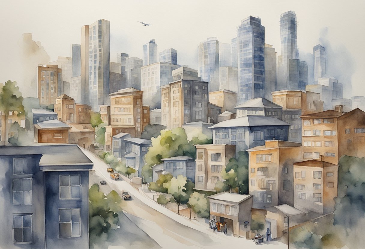 A bustling city skyline with various types of real estate properties, including residential, commercial, and industrial buildings. A mix of urban and suburban landscapes, with signs of construction and development