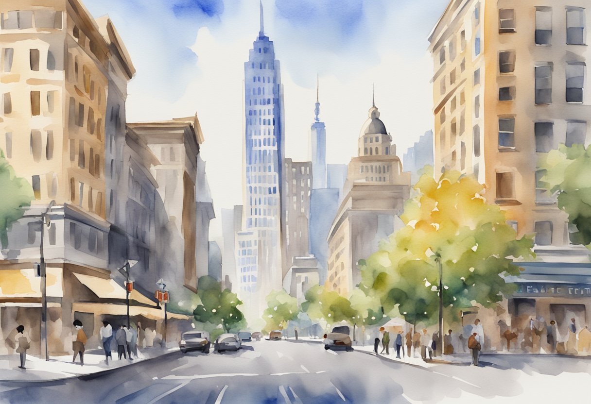 A bustling city skyline with diverse architecture and a "FAQ Real Estate Investing in USA" sign on a busy street corner