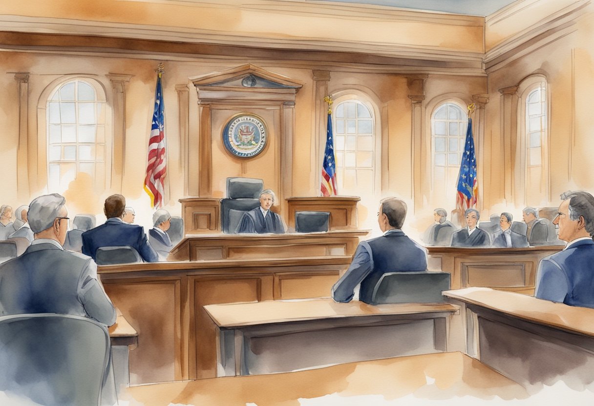 A courtroom with a judge on the bench, lawyers presenting cases, and a sign displaying "Real Estate Regulations" in Alabama