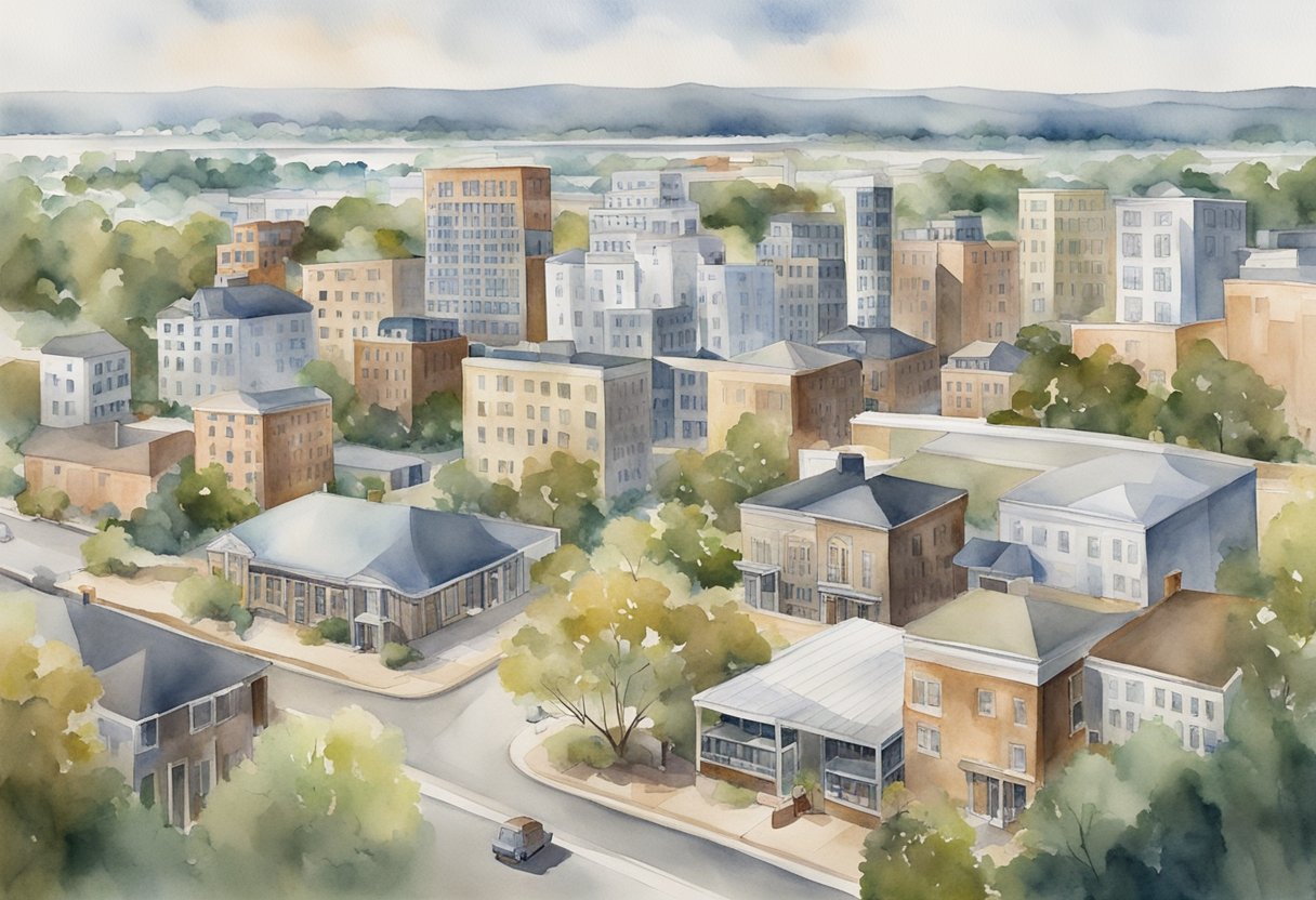 A bustling cityscape with diverse real estate properties, including residential homes, commercial buildings, and industrial spaces, set against the backdrop of Alabama's natural beauty