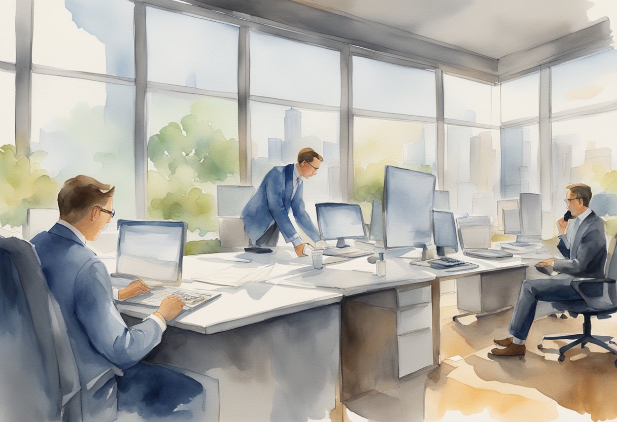 Investors researching Alabama real estate, analyzing data, and weighing risks and benefits