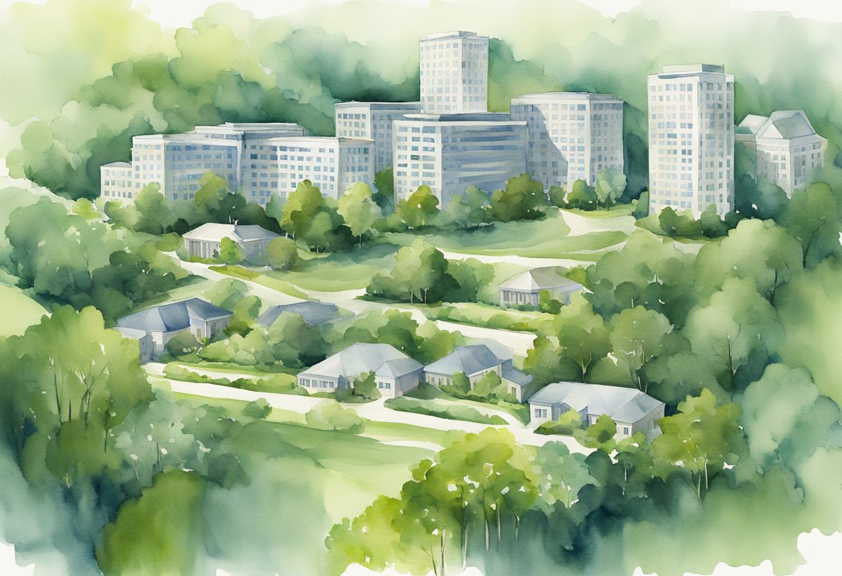 A sprawling landscape of Alabama real estate, filled with modern buildings and lush greenery, symbolizing growth and high returns for investors
