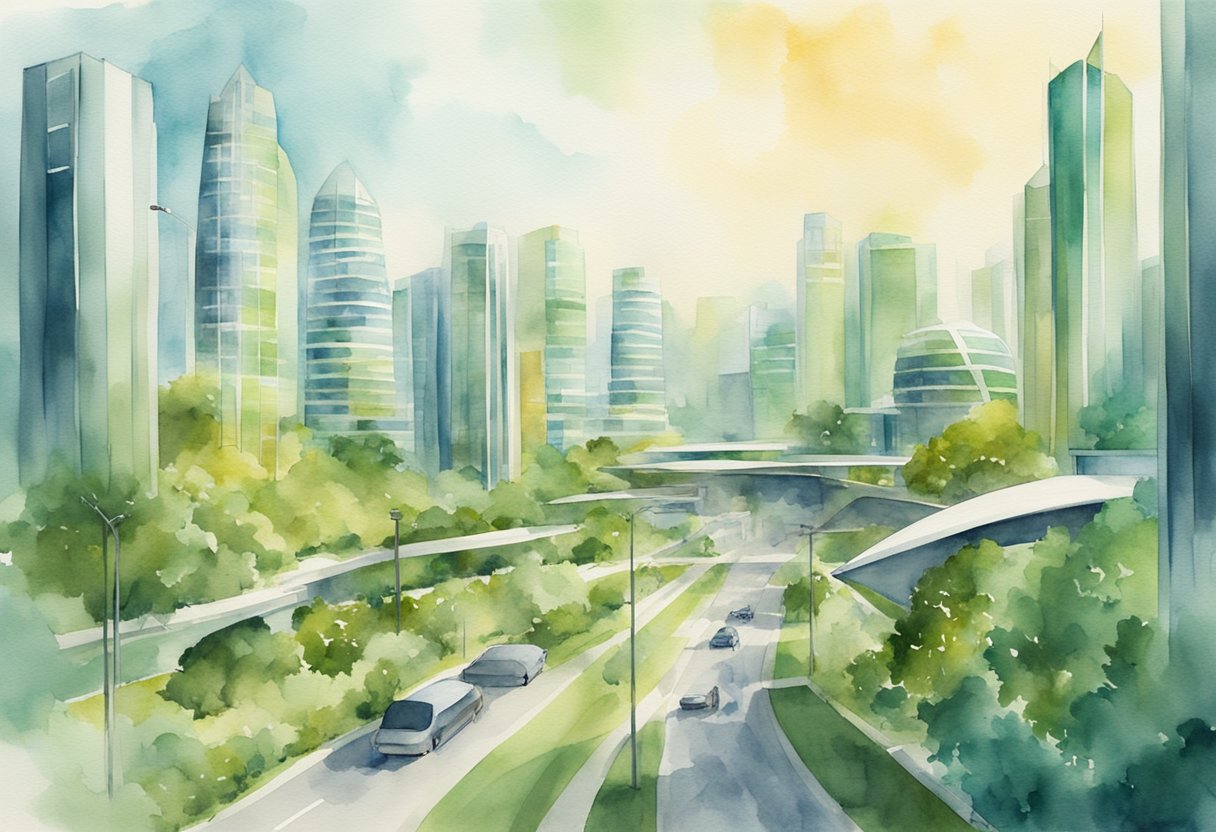 A futuristic cityscape in Alabama with high-rise buildings, green spaces, and advanced infrastructure, showcasing the potential for real estate investing in the state