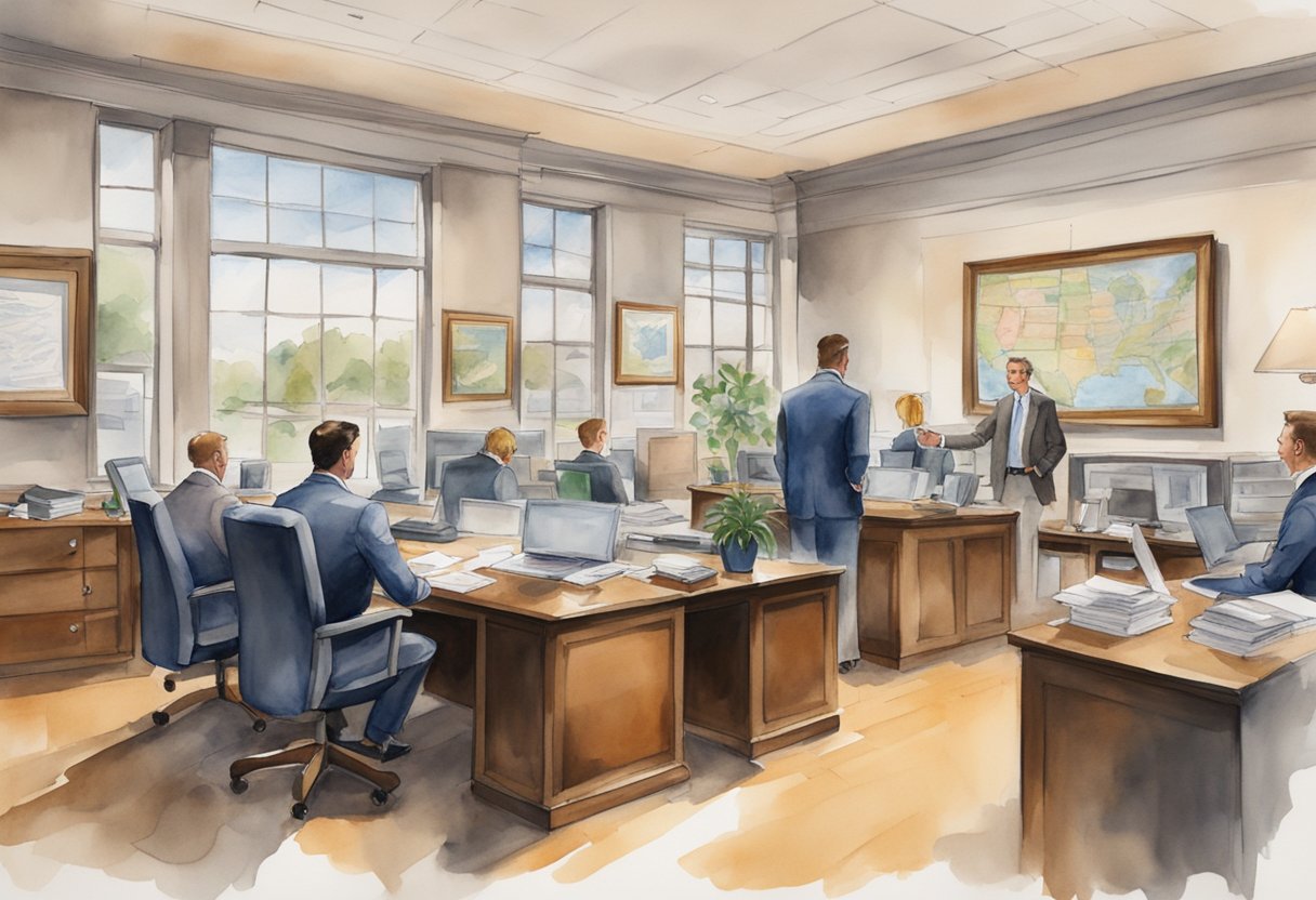 A bustling real estate office in Alabama, with agents fielding questions from potential investors. Maps and charts adorn the walls, showcasing the state's prime investment opportunities