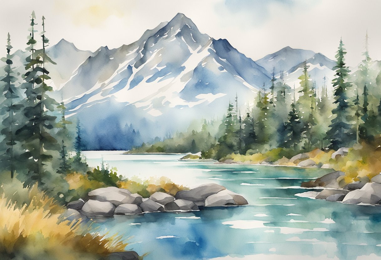 The illustration should feature iconic Alaskan landscapes such as snow-capped mountains, pristine lakes, and lush forests, as well as modern urban areas with potential property investment opportunities