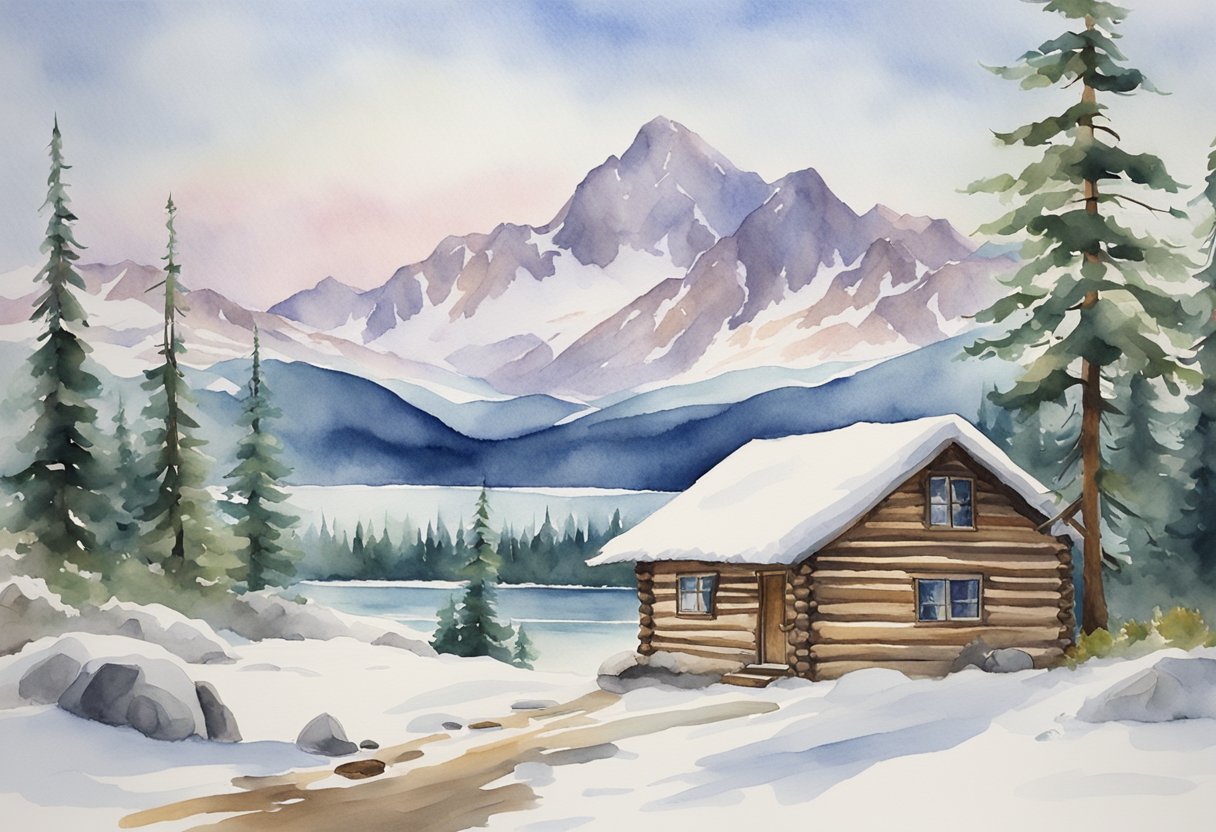 A snow-covered landscape in Alaska with a log cabin and mountains in the background, surrounded by pine trees. A for sale sign is posted in front, symbolizing real estate investment opportunities