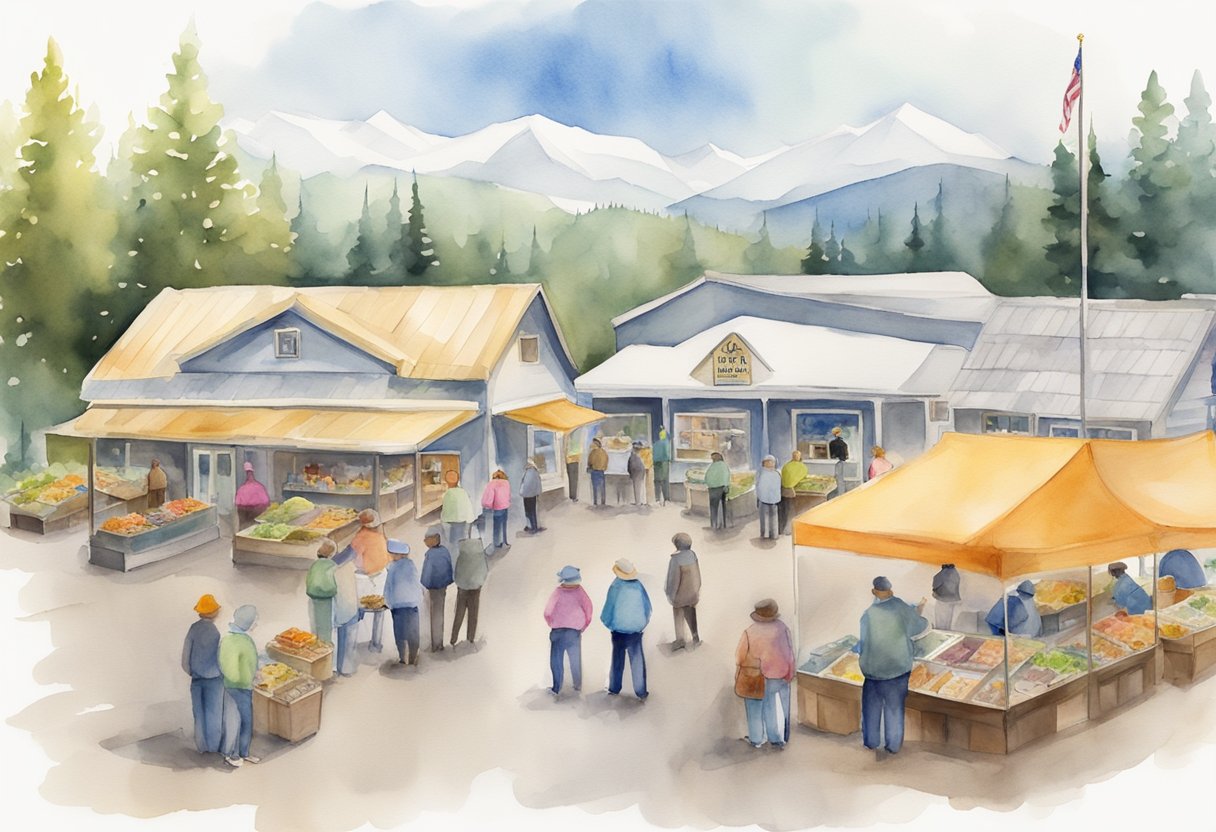 The local market regulations for real estate investing in Alaska are depicted through official documents, zoning maps, and signage at a town hall meeting