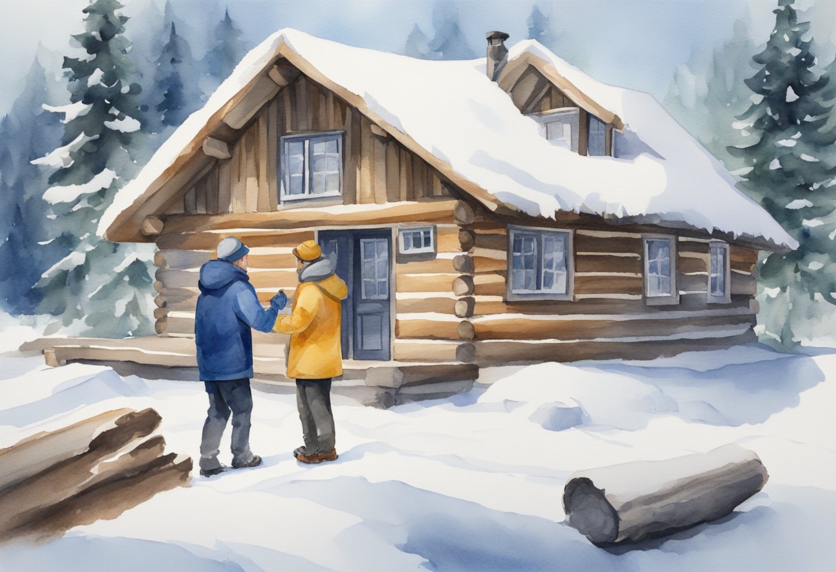 A person in a winter jacket shaking hands with a real estate agent in front of a snow-covered log cabin in Alaska