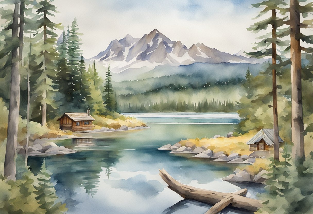 A mountainous landscape with a log cabin and a lake, surrounded by tall pine trees. A sign reads "Frequently Asked Questions: Real Estate Investing in Alaska."