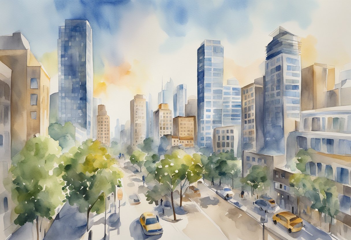 A bustling city skyline with various real estate properties, including office buildings, apartments, and retail spaces. The sun is shining, and there are signs of growth and development in the area