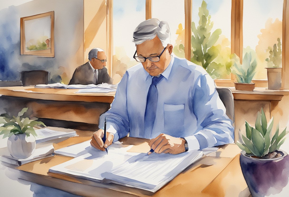 A person signing legal documents while a tax advisor explains real estate laws in Arizona