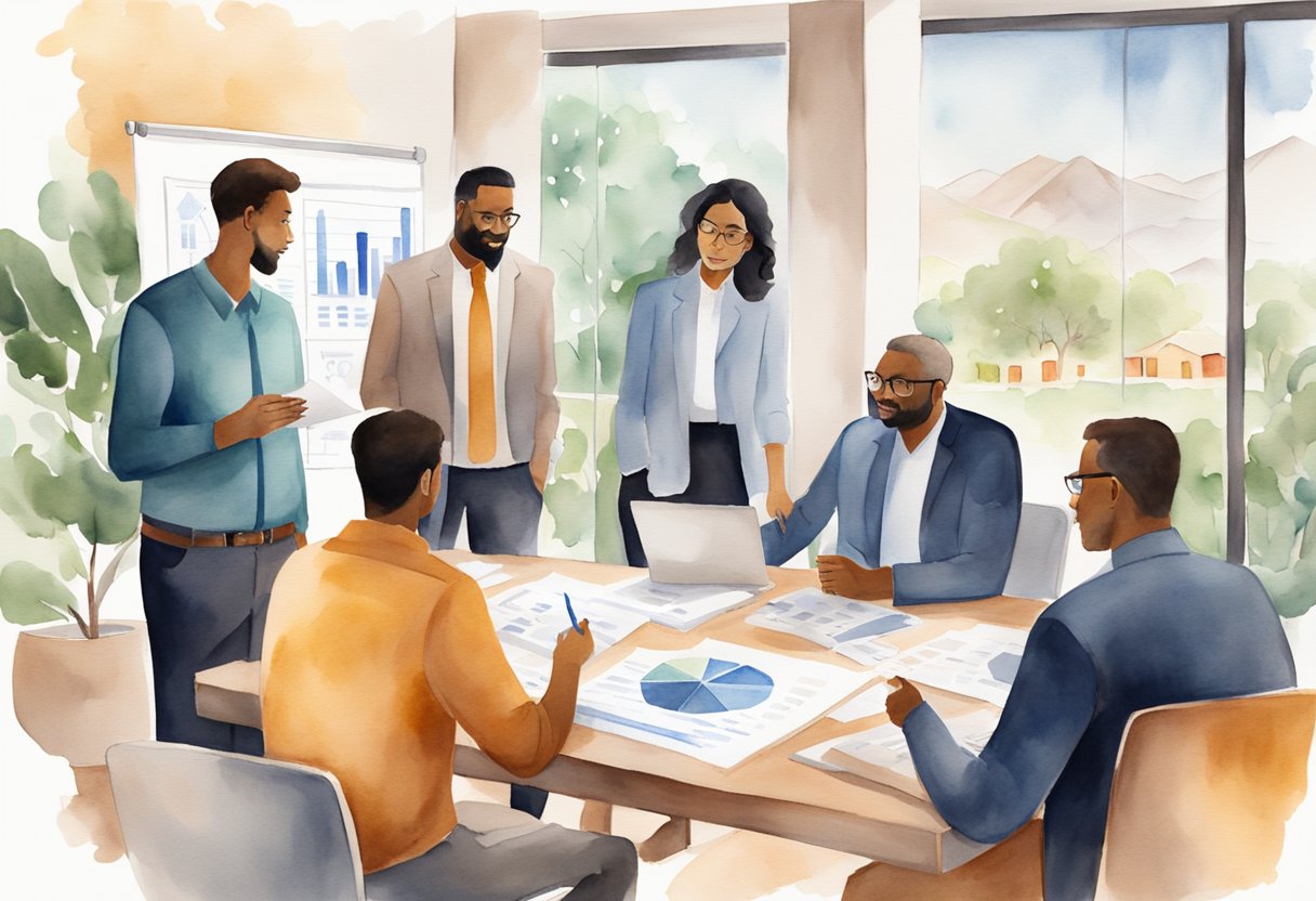 A group of people gather around a table, discussing real estate investment plans in Arizona. Charts and graphs are spread out, and there is a sense of collaboration and support in the room