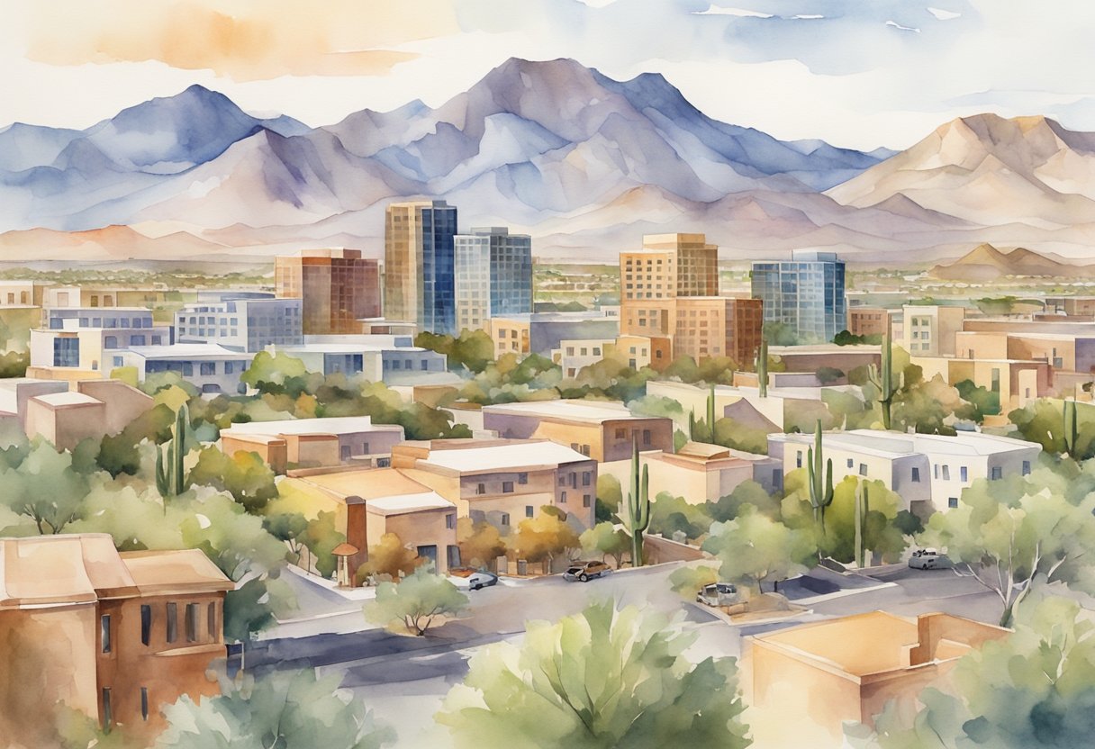 A bustling Arizona city skyline with diverse neighborhoods and a mix of residential and commercial properties, surrounded by desert landscapes and mountain views
