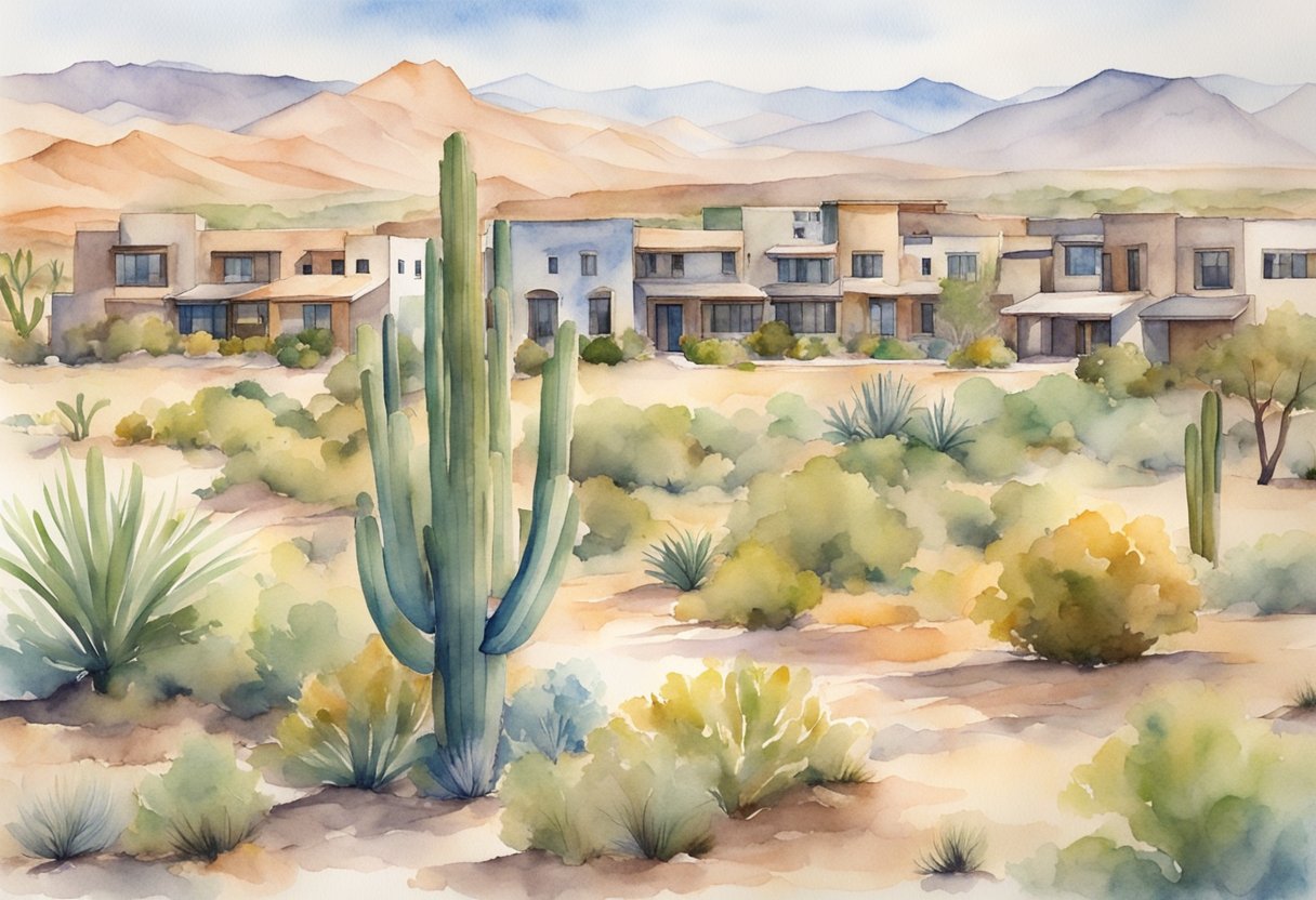 A desert landscape with a mix of residential and commercial properties, showcasing the diverse real estate opportunities in Arizona
