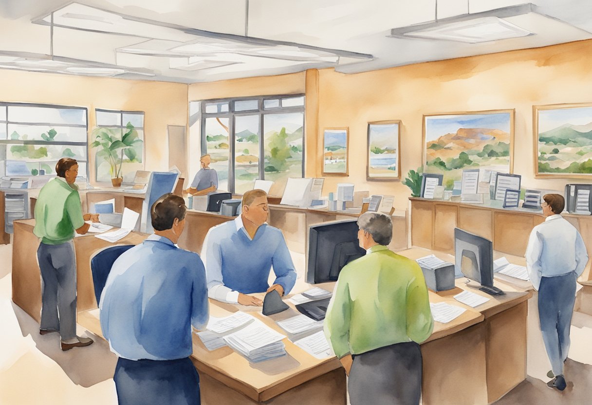 A bustling real estate office in Arizona, with people discussing and exchanging information about investing. Signs and pamphlets about FAQs on real estate investing are prominently displayed