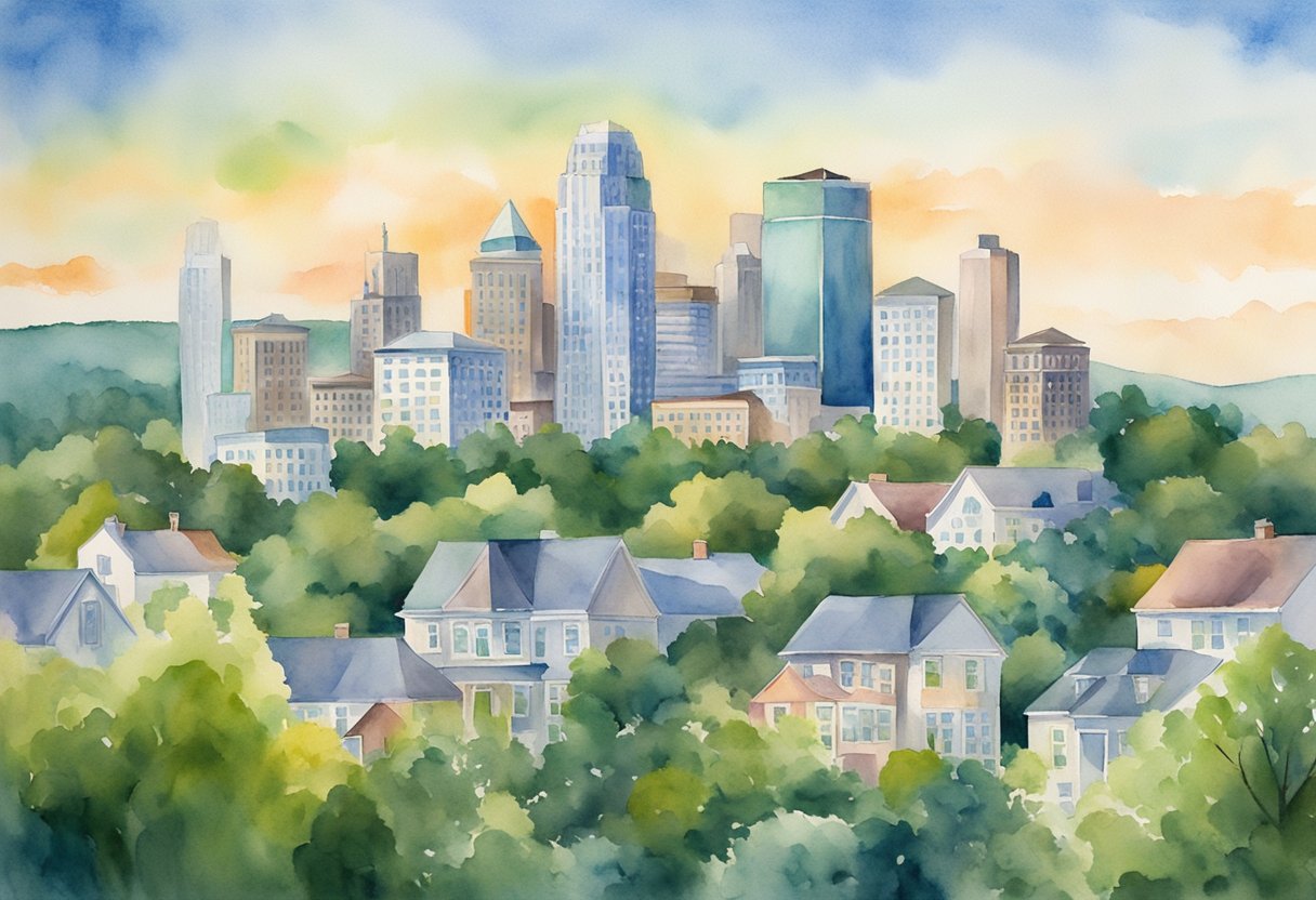 A bustling cityscape with a mix of modern skyscrapers and historic buildings, surrounded by lush greenery and rolling hills. A "For Sale" sign stands in front of a charming suburban home, symbolizing the potential for financial growth in Arkansas real