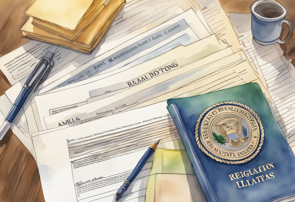 A stack of legal documents surrounded by state-specific real estate laws and regulations. An official seal of Arkansas is visible on the paperwork