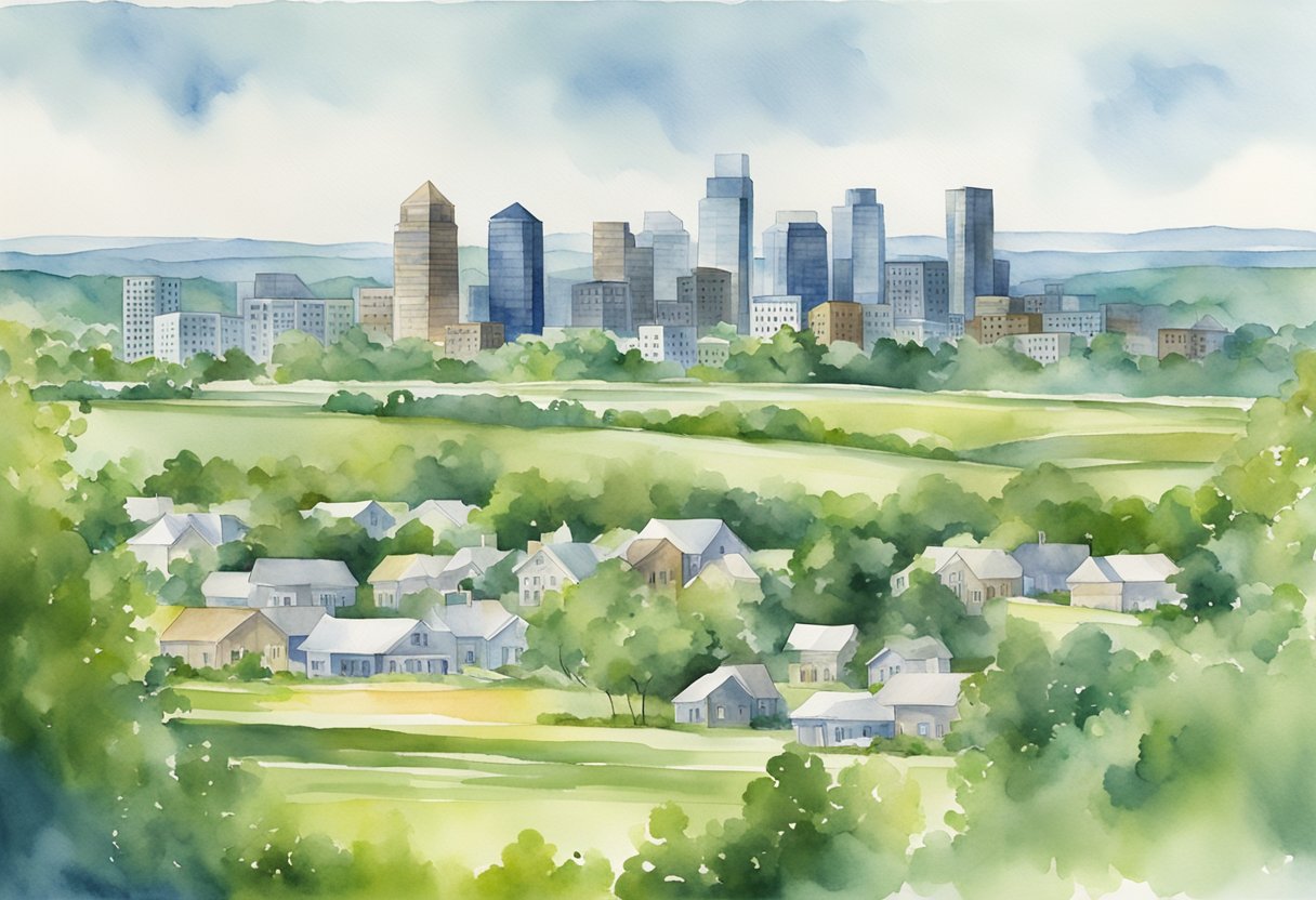 A bustling city skyline with new construction and rising property values in Arkansas, surrounded by lush green countryside and a growing demand for real estate investment opportunities
