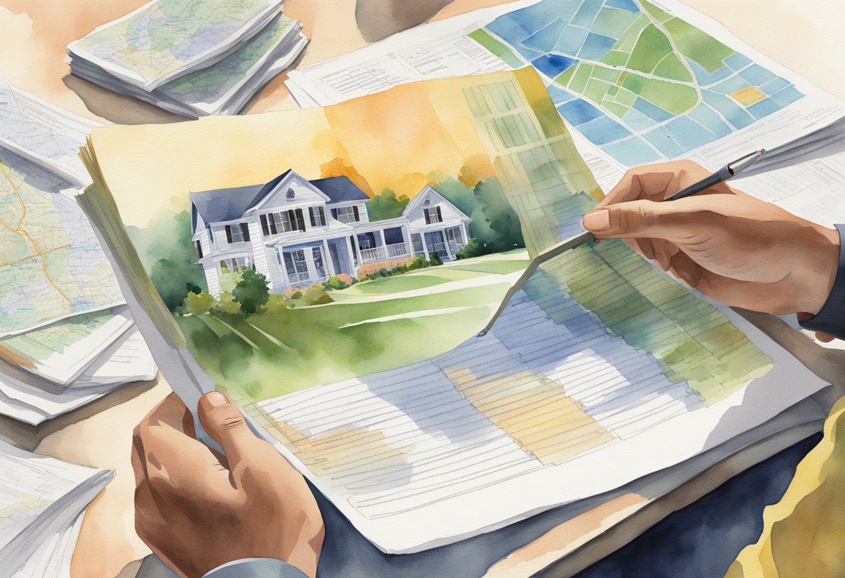 A person reading a pamphlet titled "Frequently Asked Questions: Real Estate Investing in Arkansas" with a map of Arkansas and a stack of real estate documents next to them
