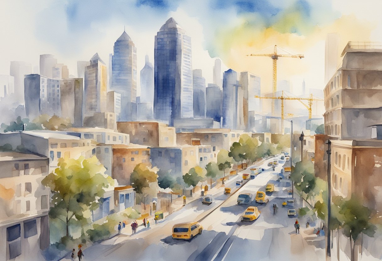 A bustling city skyline with skyscrapers and construction sites, surrounded by signs of economic growth and development in California