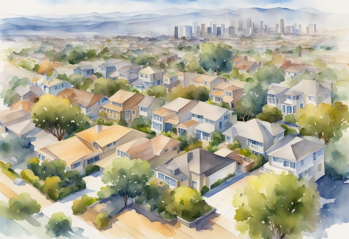 Aerial view of California landscape with city skyline and various real estate properties, including residential and commercial buildings