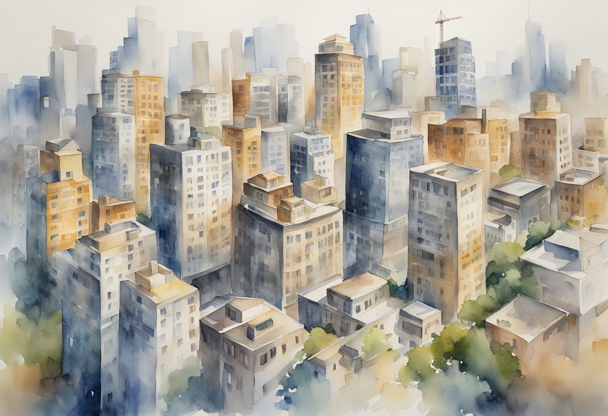 A bustling city skyline with various real estate properties, including residential and commercial buildings. Signs of economic growth and development are evident, such as construction sites and bustling streets