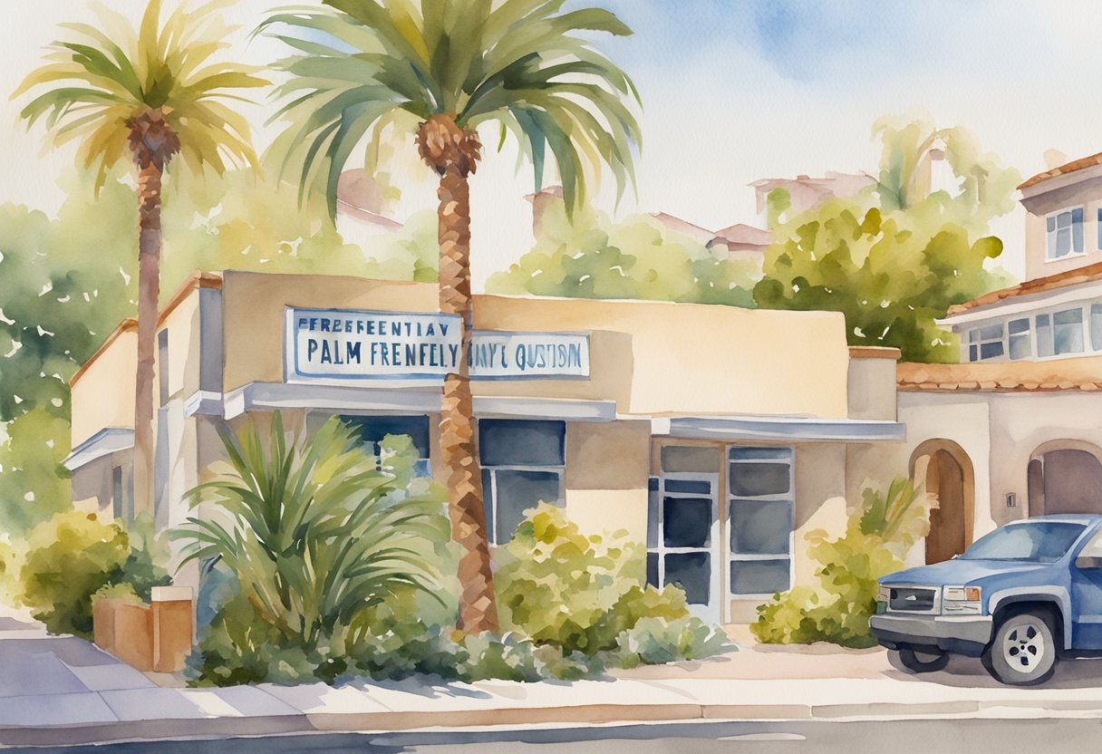 A sunny California landscape with a mix of urban and suburban buildings, palm trees, and a "Frequently Asked Questions" sign in front of a real estate office