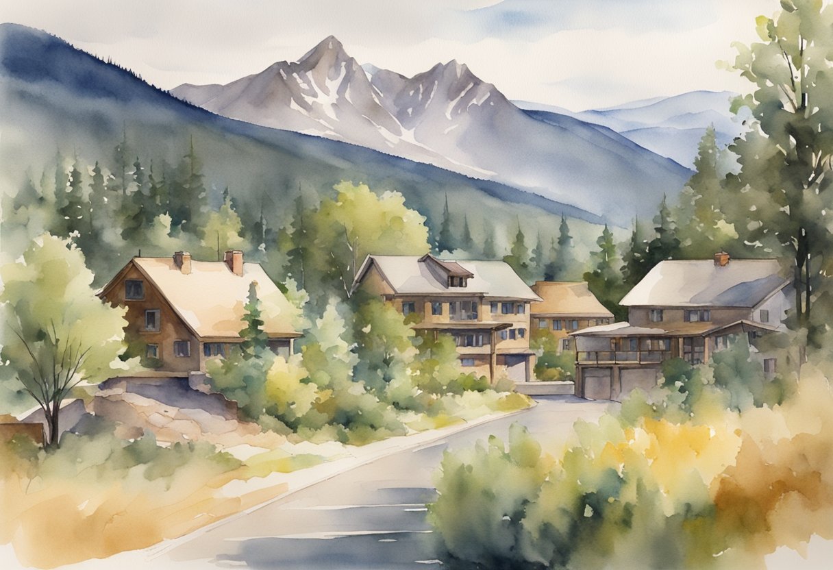A mountainous landscape in Colorado with a mix of urban and rural properties, including residential and commercial buildings, surrounded by natural beauty and outdoor recreational opportunities