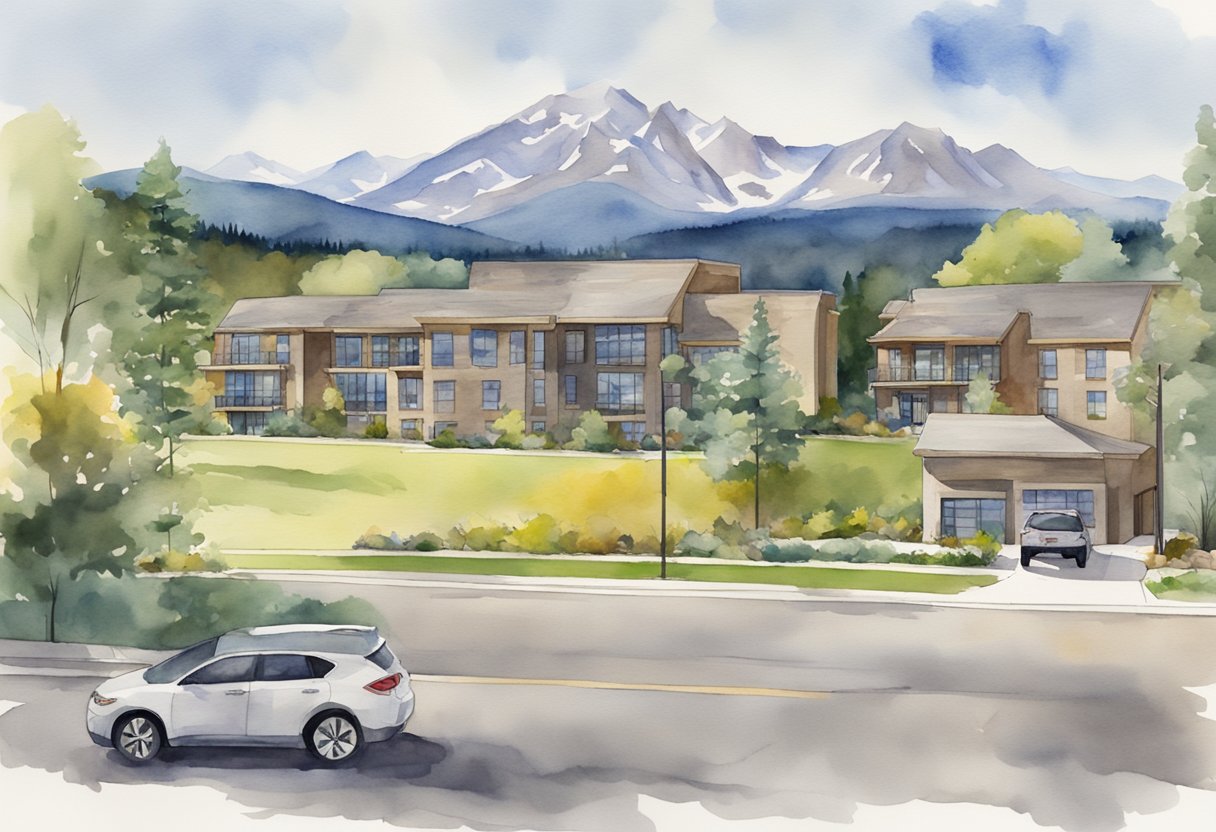 A mountainous landscape with a mix of residential and commercial properties in Colorado. A "For Sale" sign stands in front of a modern office building, while a real estate agent shows a family a spacious home with a scenic view