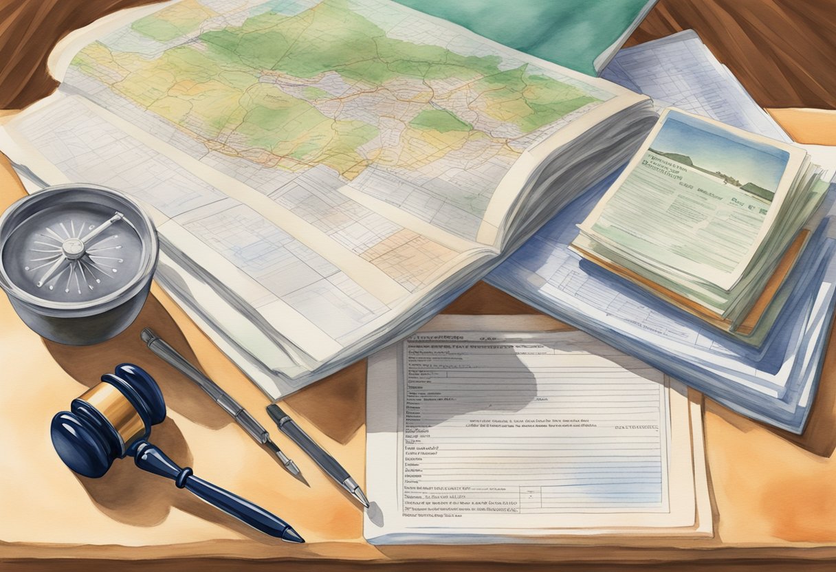 A stack of legal documents and a Colorado state regulatory handbook on a desk, with a map of Colorado and a real estate investment portfolio open nearby