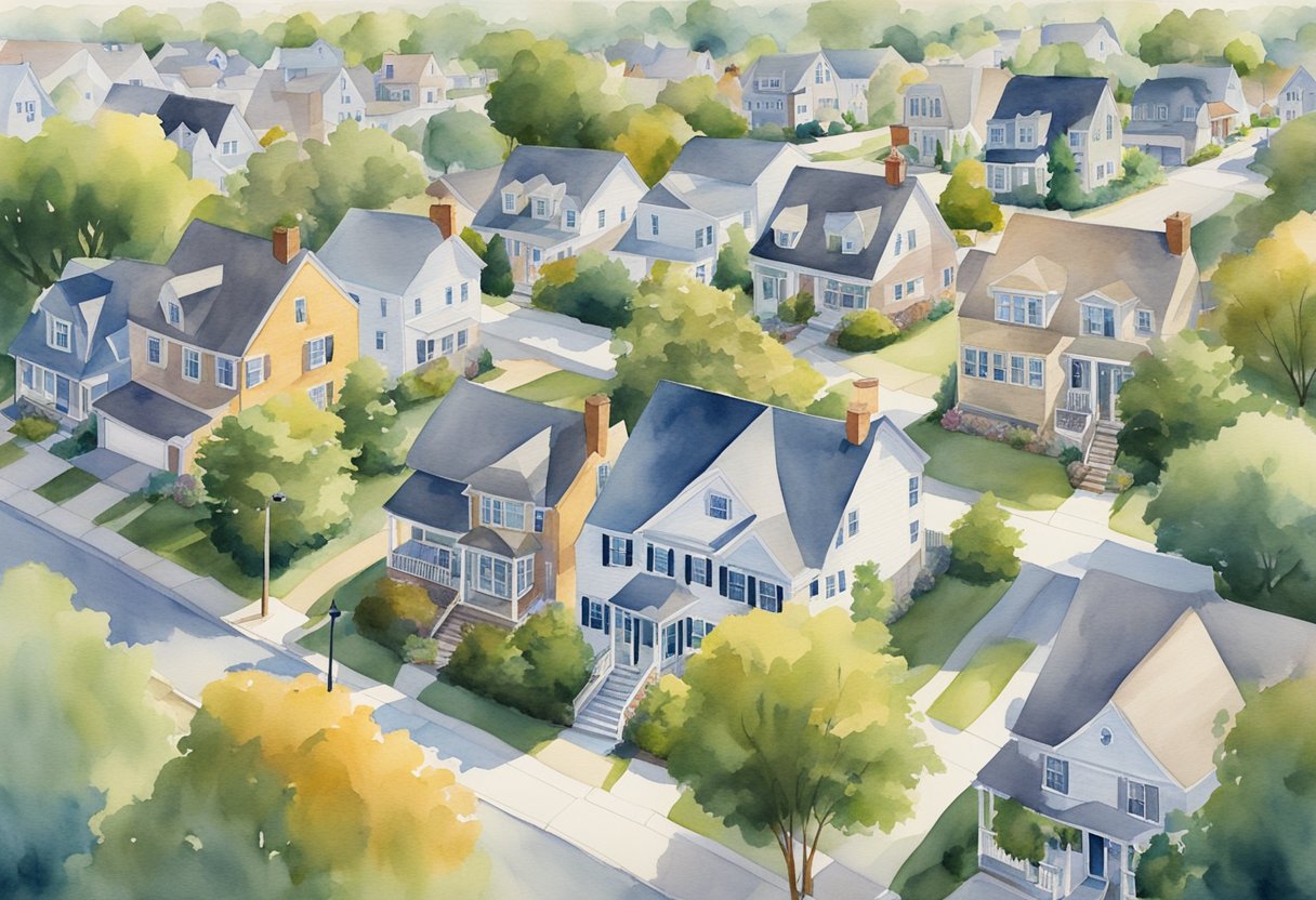 A suburban neighborhood with "For Sale" signs on houses, a bustling downtown with real estate offices, and a map of Connecticut highlighting key investment areas