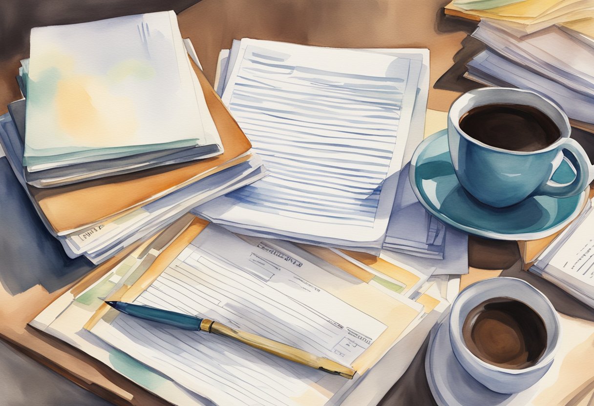 A stack of legal documents and a copy of Connecticut's real estate regulations sit on a desk, alongside a laptop and a cup of coffee