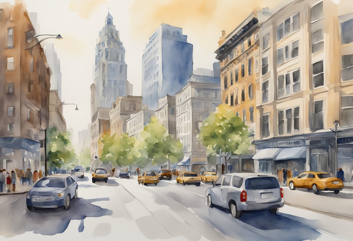 A bustling city street with a mix of modern skyscrapers and historic buildings, showcasing the diverse real estate investment opportunities and risks in Connecticut