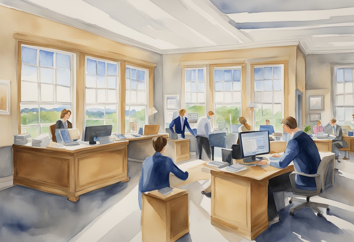 A bustling real estate office in Connecticut, with people consulting FAQs and discussing investment opportunities