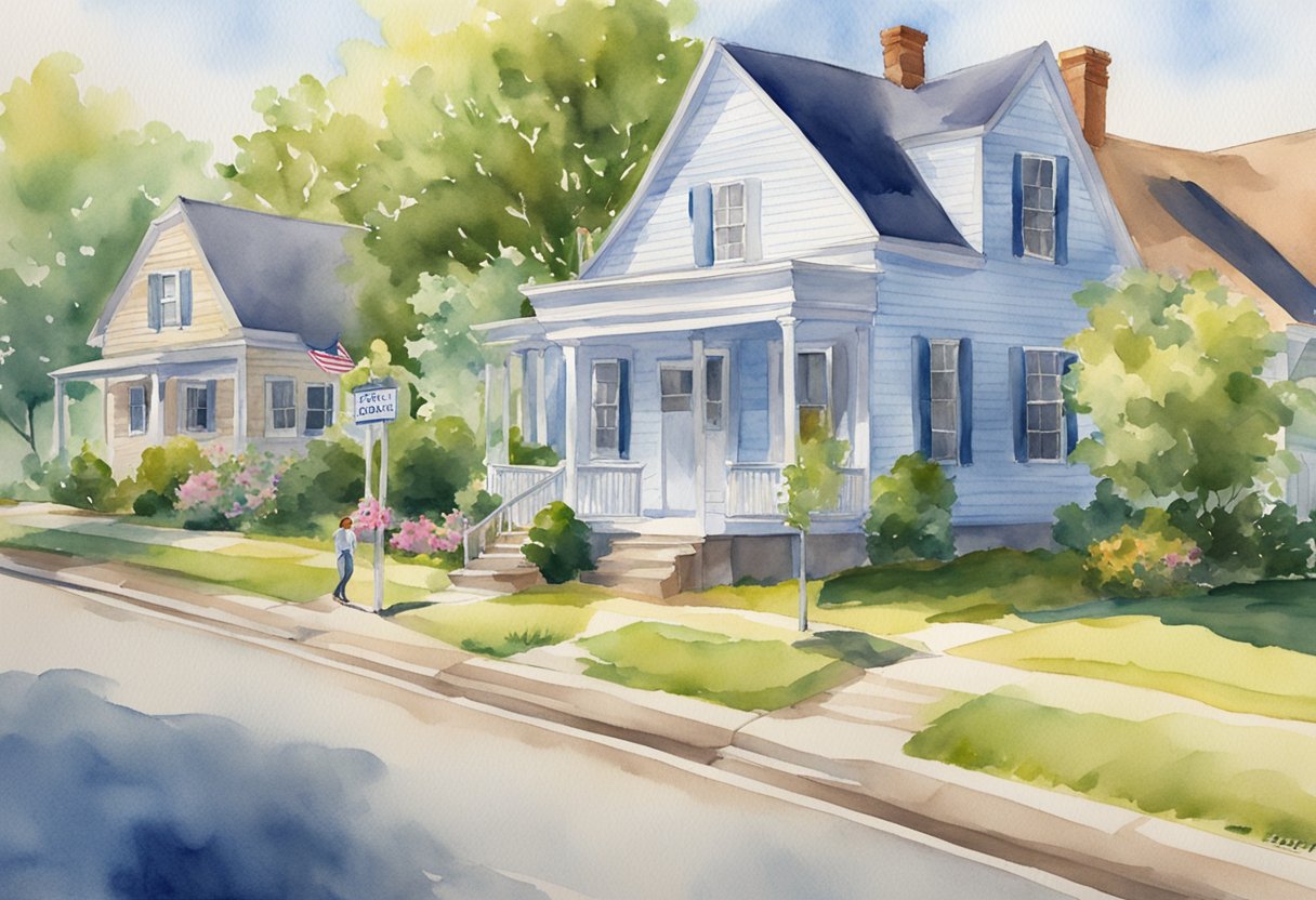 A sunny day in Delaware, with a row of charming houses and a "For Sale" sign in front. A real estate agent stands nearby, welcoming potential investors