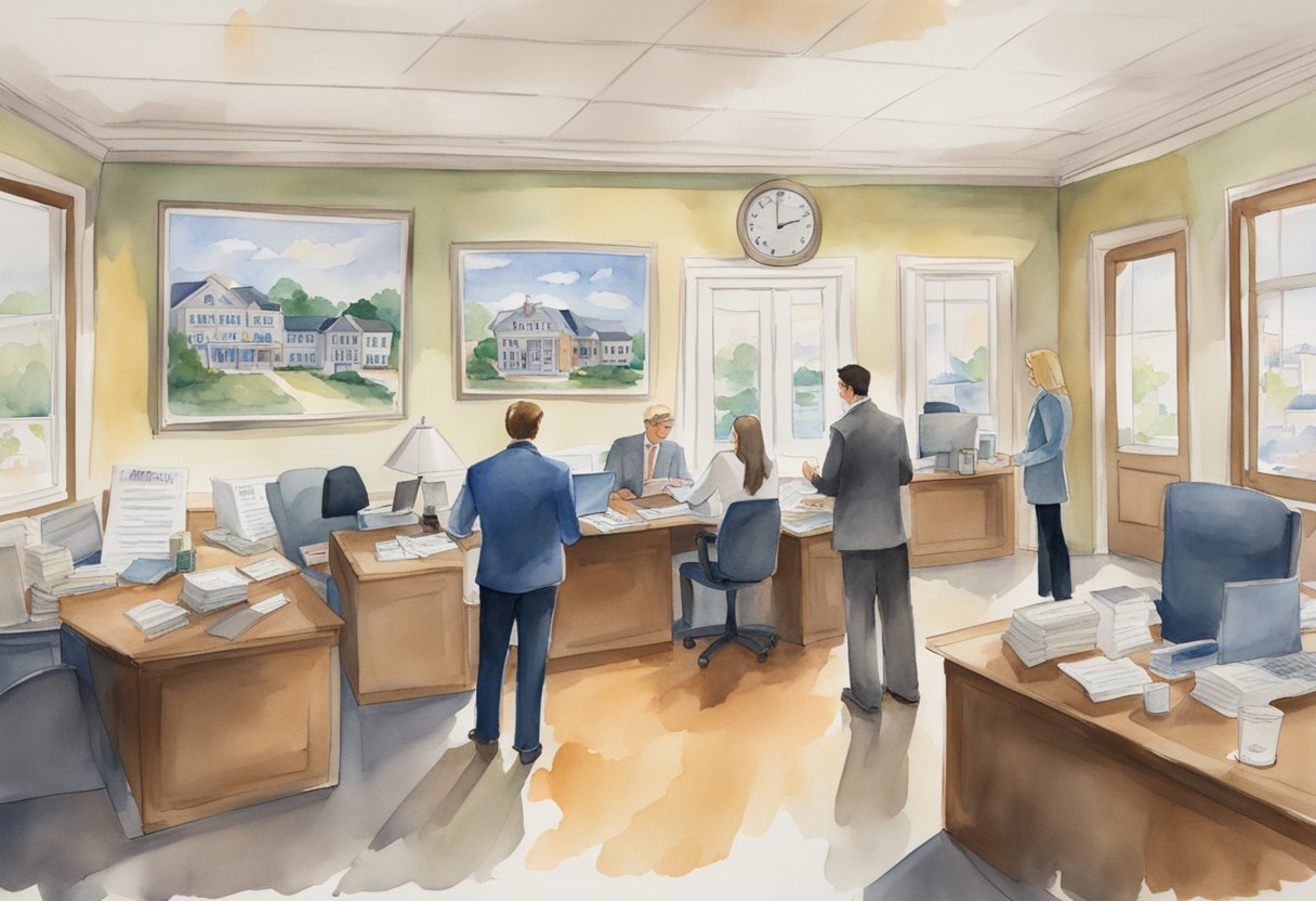 A bustling real estate office with people discussing investment opportunities in Delaware. Maps and charts adorn the walls, and a stack of FAQ pamphlets sits on the front desk